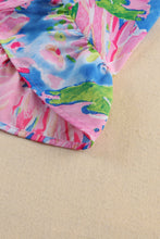 Load image into Gallery viewer, Pink Abstract Floral Print Notch V Neck Rolled Short Sleeve Blouse
