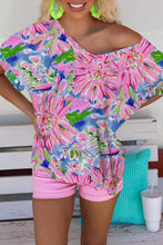 Load image into Gallery viewer, Pink Abstract Floral Print Notch V Neck Rolled Short Sleeve Blouse
