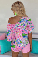 Load image into Gallery viewer, Pink Abstract Floral Print Notch V Neck Rolled Short Sleeve Blouse
