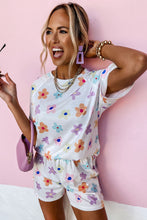 Load image into Gallery viewer, White Flower Print Short Sleeve High Waist Two Piece Shorts Set

