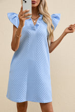Load image into Gallery viewer, Light Blue Textured Puff Sleeve Ruffled V Neck Shift Mini Dress
