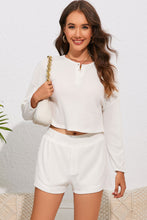 Load image into Gallery viewer, White Waffle Knit Buttoned Long Sleeve Crop and Shorts Lounge Set
