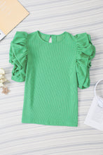 Load image into Gallery viewer, Green Ribbed Knit Puffy Ruffle Sleeve Blouse
