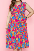 Load image into Gallery viewer, Red Floral Print Ruffled Sleeveless Plus Size Long Dress
