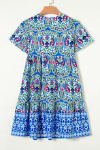 Load image into Gallery viewer, Sky Blue Bohemian Print Tie Neck Ruffle Hem Short Dress
