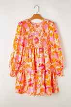 Load image into Gallery viewer, Orange Abstract Print Smocked Lantern Sleeve Ruffle Mini Dress
