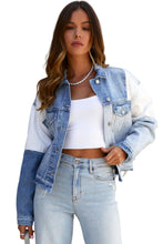 Load image into Gallery viewer, Sky Blue Color Block Denim Patchwork Frayed Hem Jacket
