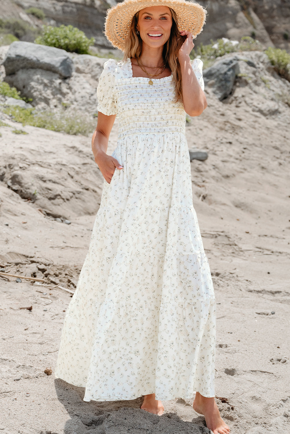 white shirred maxi dress White Frilly Shirred Bodice Tiered Floral Maxi Dress – Sofia Jewelry llc