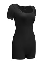 Load image into Gallery viewer, Black Ribbed Square Neck Short Sleeve Athleisure Romper
