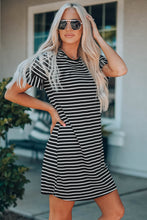 Load image into Gallery viewer, Black Striped T-shirt Mini Dress with Ruffled Sleeves

