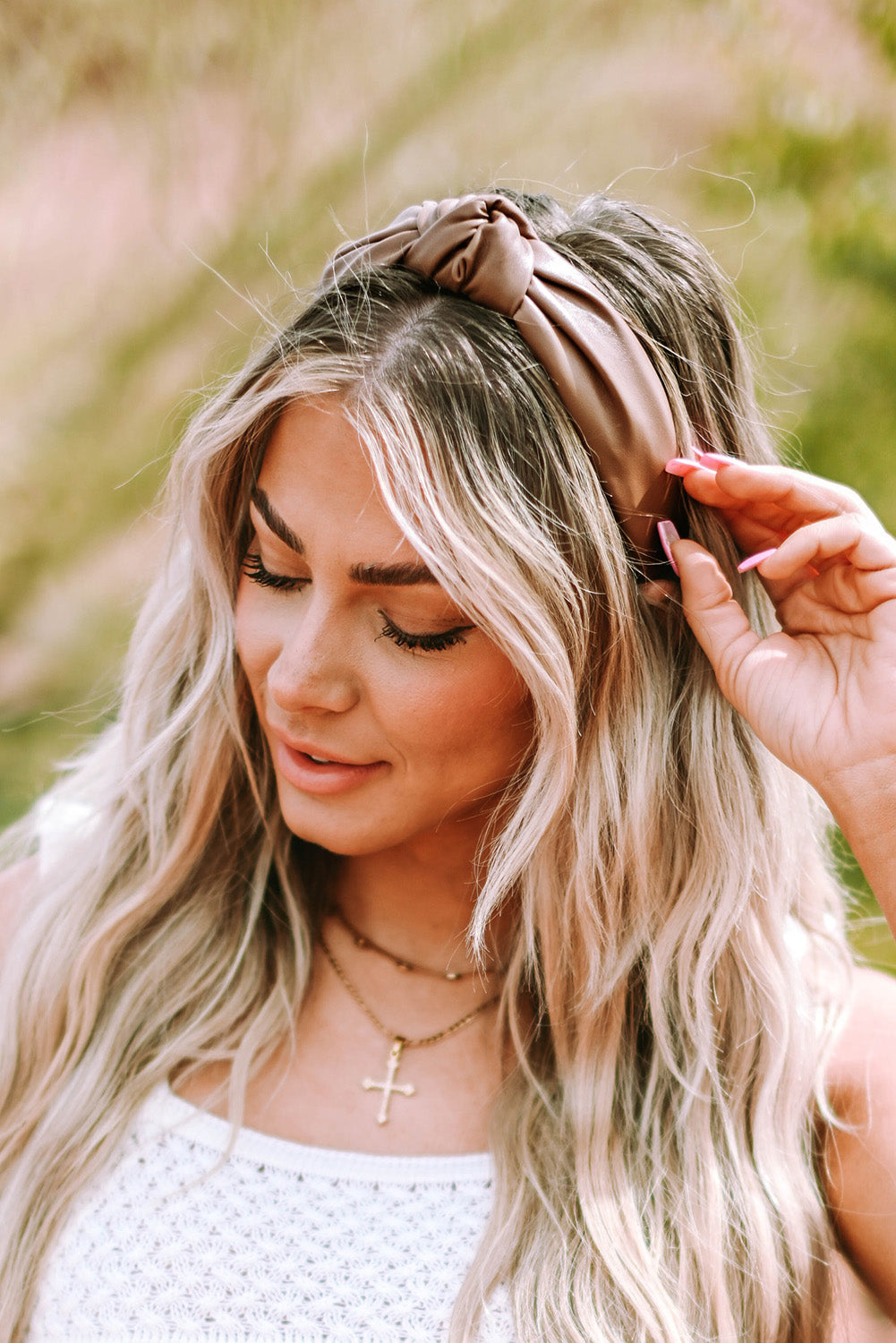 Brown Solid PU Leather Knotted Hair Band