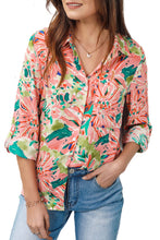 Load image into Gallery viewer, Pink Abstract Floral Print Notch V Neck Rolled Short Sleeve Blouse
