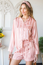 Load image into Gallery viewer, Pink Striped Print Buttoned Shirt and Drawstring Shorts Lounge Set
