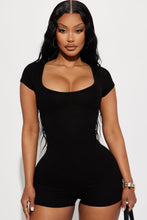 Load image into Gallery viewer, Black Ribbed Square Neck Short Sleeve Athleisure Romper
