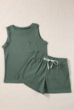 Load image into Gallery viewer, Mist Green Waffle Knit Patched Pocket Tank and Drawstring Shorts Set
