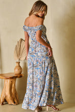 Load image into Gallery viewer, Blue Boho Paisley Print Off Shoulder Maxi Dress
