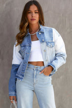 Load image into Gallery viewer, Sky Blue Color Block Denim Patchwork Frayed Hem Jacket
