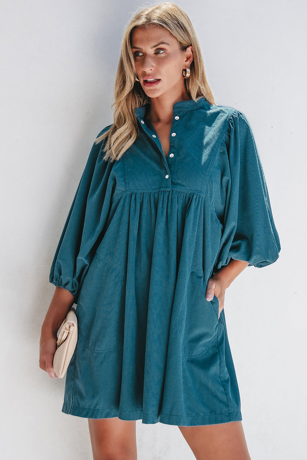Blue Corduroy Snap Buttons Empire Waist Bracelet Sleeve Dress Sofia Jewelry llc Blue Corduroy Snap Buttons Empire Waist Bracelet Sleeve Dress Sofia Jewelry llc