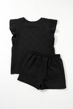 Load image into Gallery viewer, Black Textured Ruffled Sleeve Tee and Drawstring Shorts Set

