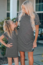 Load image into Gallery viewer, Black Striped T-shirt Mini Dress with Ruffled Sleeves

