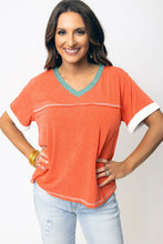 Load image into Gallery viewer, Grapefruit Orange Contrast Trim Exposed Seam V Neck T-shirt

