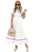 Load image into Gallery viewer, White Colorblock Rickrack Trim Short Sleeve Drawstring Waist Long Dress
