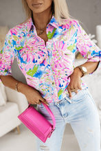 Load image into Gallery viewer, Pink Abstract Floral Print Notch V Neck Rolled Short Sleeve Blouse
