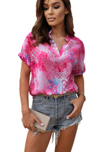 Load image into Gallery viewer, Pink Abstract Floral Print Notch V Neck Rolled Short Sleeve Blouse
