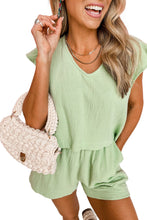Load image into Gallery viewer, Green Crinkled Texture V Neck Ruffled Sleeve Tops and Shorts Set
