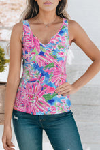 Load image into Gallery viewer, Pink Abstract Floral Print Notch V Neck Rolled Short Sleeve Blouse
