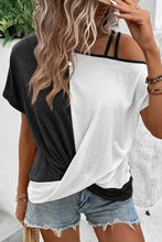 Load image into Gallery viewer, Khaki Asymmetric Colorblock Strappy Cold Shoulder Twist Hem Top
