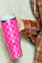 Load image into Gallery viewer, Bright Pink Checkered Print Handled Stainless Steel Tumbler Cup 40oz
