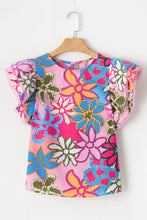 Load image into Gallery viewer, Multicolor Vibrant Floral Print Trimmed Ruffle Sleeve Blouse
