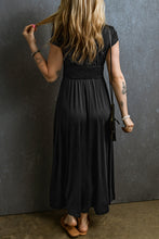 Load image into Gallery viewer, Black Short Sleeve Shirred High Waist V Neck Maxi Dress
