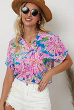 Load image into Gallery viewer, Pink Abstract Floral Print Notch V Neck Rolled Short Sleeve Blouse
