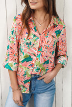 Load image into Gallery viewer, Pink Abstract Floral Print Notch V Neck Rolled Short Sleeve Blouse
