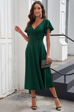 Load image into Gallery viewer, Green Ruffled Sleeve Wrap V Neck Midi Dress
